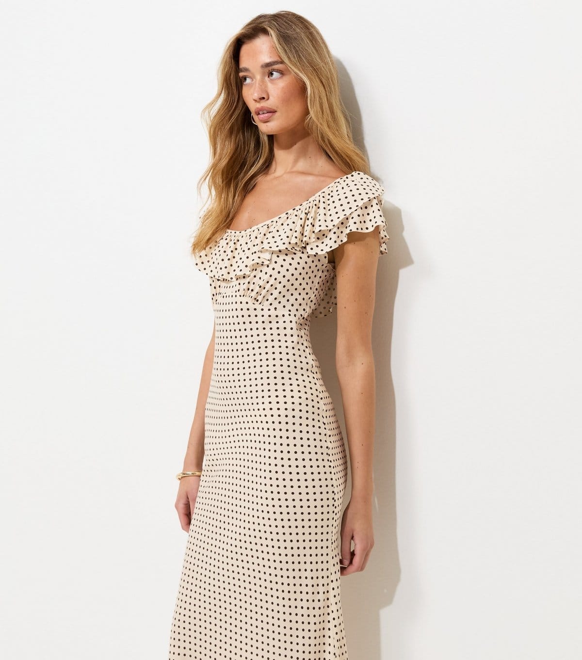 New Look Cream Spot Print Ruffle Neck Midi Dress