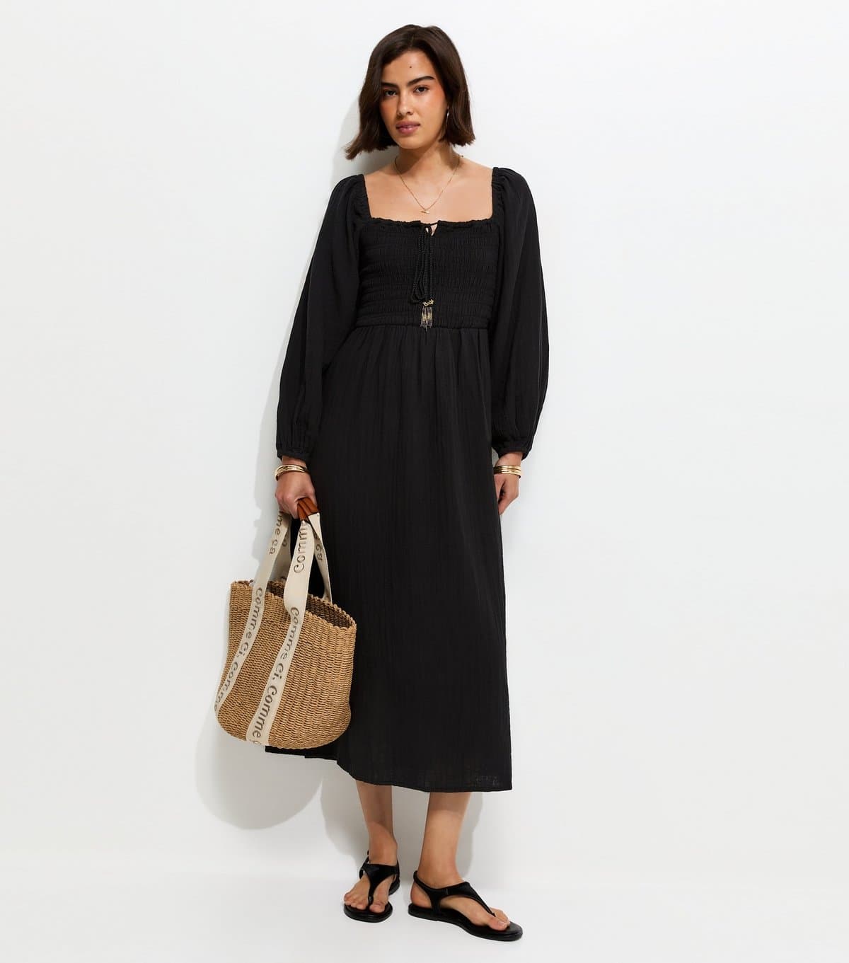 New Look Women's Black Cotton Shirred Milkmaid Midi Dress New Look