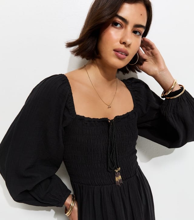 New Look Women's Black Cotton Shirred Milkmaid Midi Dress New Look - 2