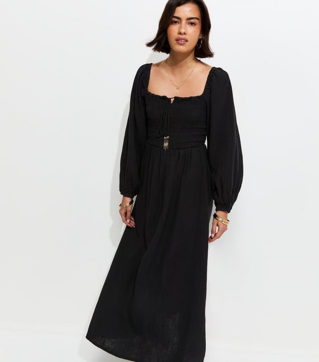 New Look Women's Black Cotton Shirred Milkmaid Midi Dress New Look - 3