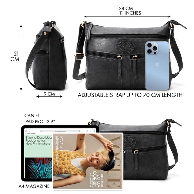 Woodland Leathers Woodland Leathers Women's Genuine Leather Multi Pocket Crossbody Soulder Bag in Black - 3