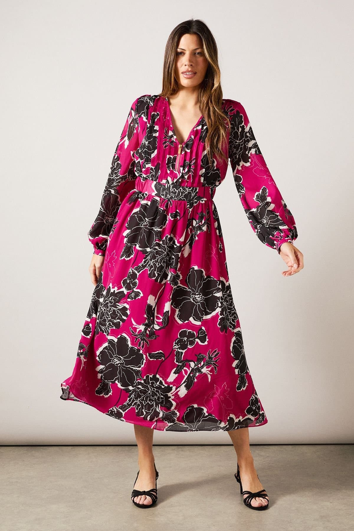 Wallis Wallis Women's Floral Pin Tuck Detail Zip Midi Dress in Raspberry