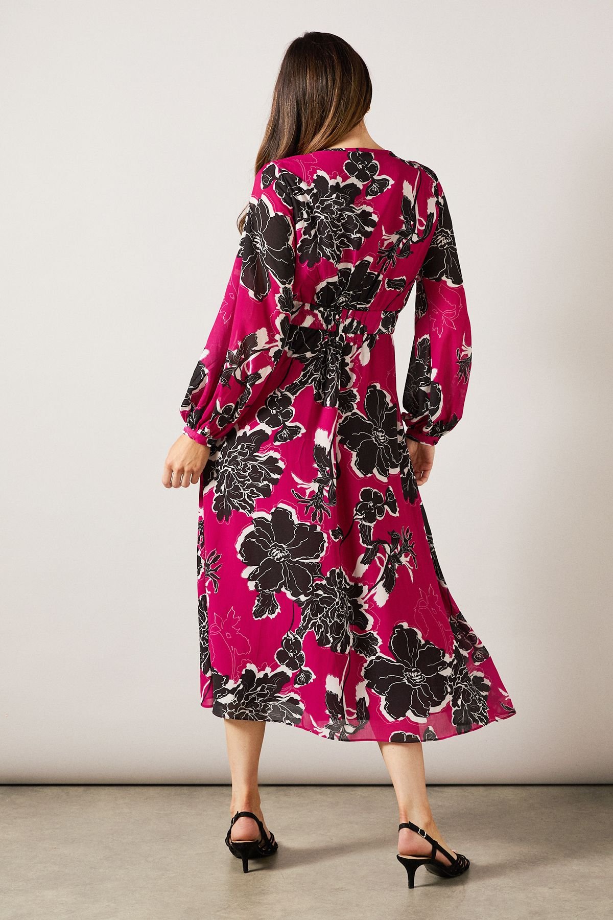 Wallis Wallis Women's Floral Pin Tuck Detail Zip Midi Dress in Raspberry - 4