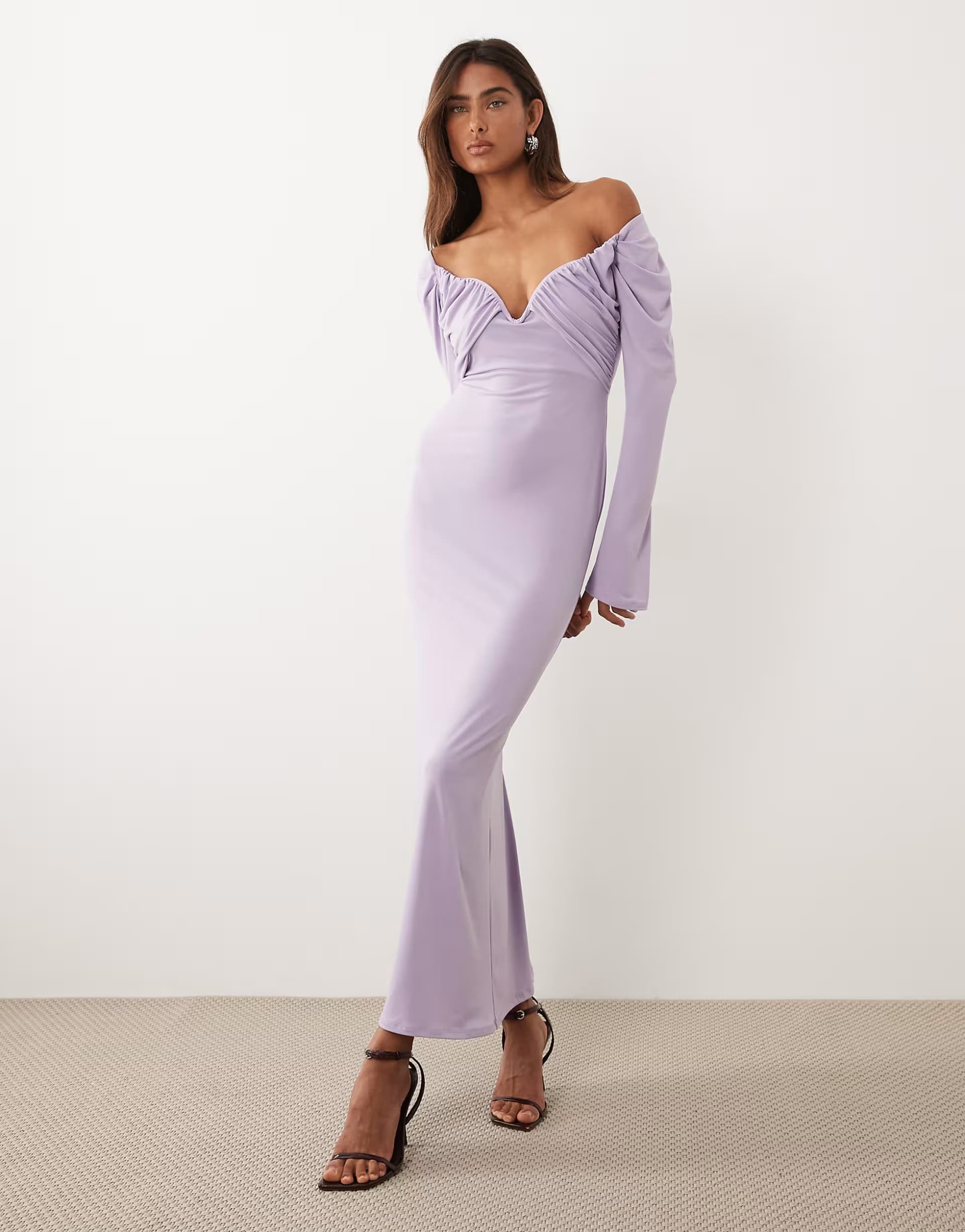 ASOS ASOS DESIGN slinky bardot midi dress with wired bust in lilac