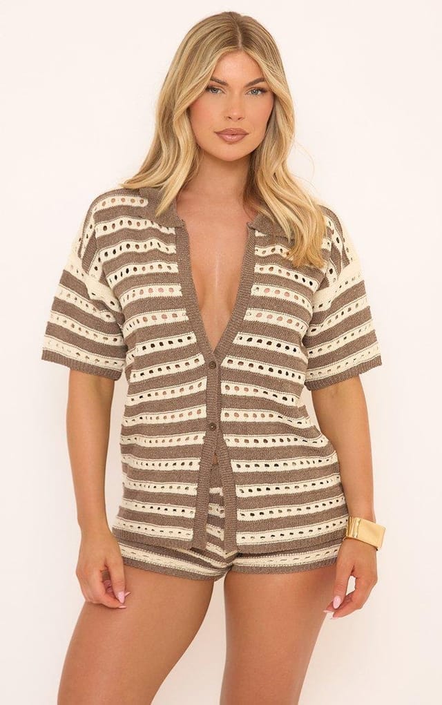 EGO Short Sleeve Shirt In Taupe And White Stripe Crochet Knit, Women's Size UK L - 2