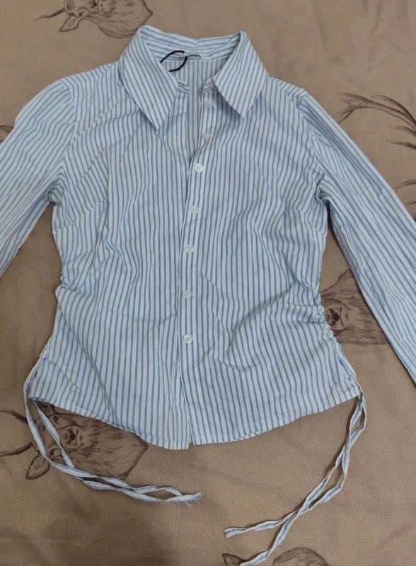 Bershka bershka blue stripe fitted shirt with ruched side s