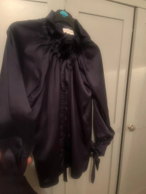 Never Fully Dressed Never fully dressed navy blue satin feel shirt with scrunch high ruffled collar