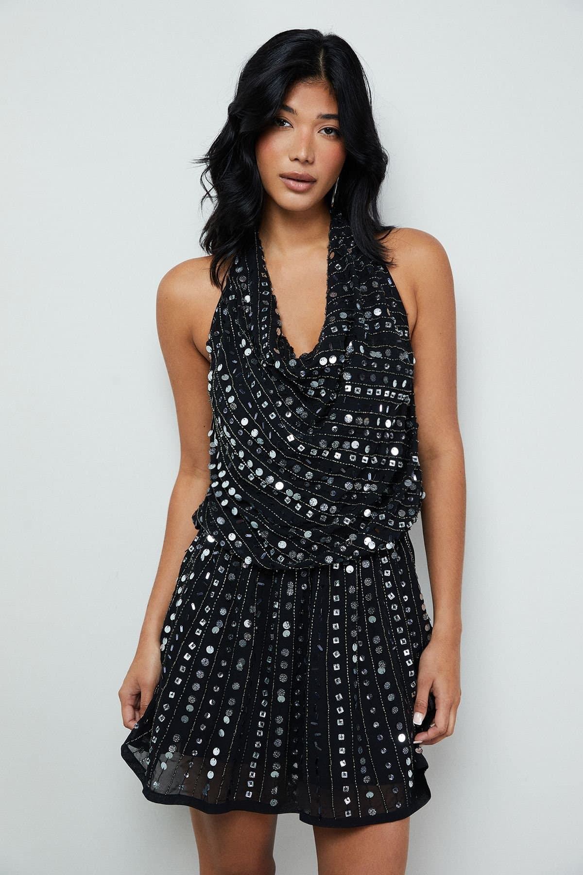 Warehouse Warehouse Women's Premium Hand Embellished Sequin Cowl Front Flippy Mini Dress in Black