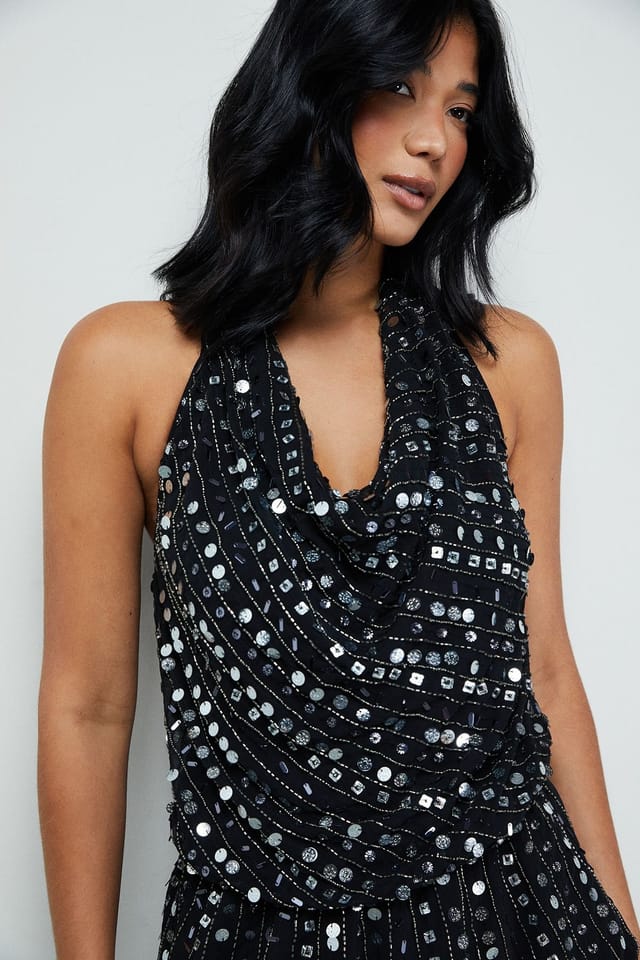 Warehouse Warehouse Women's Premium Hand Embellished Sequin Cowl Front Flippy Mini Dress in Black - 2