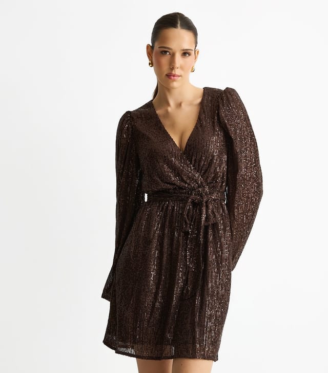 Gini London Women's Mid Brown Sequin Wrap Mini Dress Gini London New Look - 2