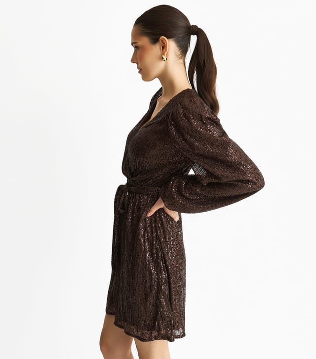 Gini London Women's Mid Brown Sequin Wrap Mini Dress Gini London New Look - 3