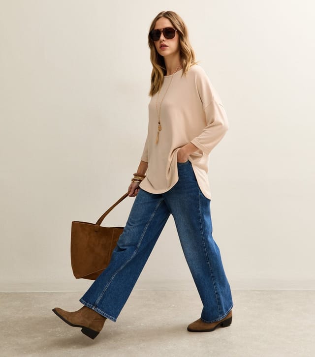 New Look Women's Cream Soft Touch Slouchy Cropped Sleeve T-Shirt New Look - 3