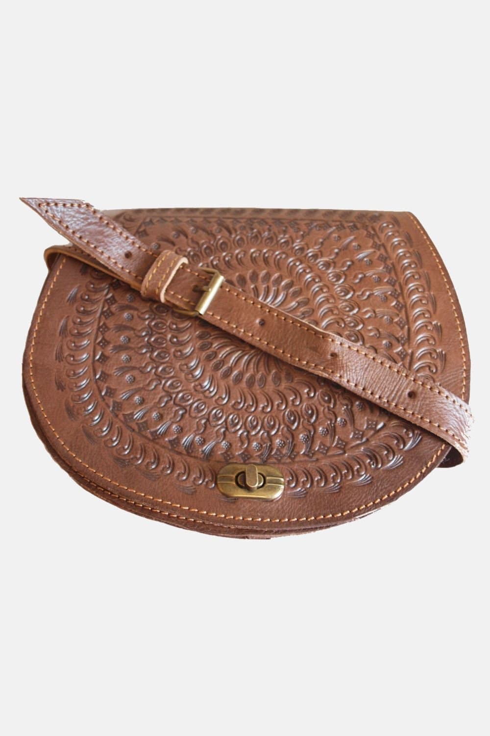 Berber Leather Berber Leather Women's 'The Temara' Embossed Leather Saddle Bag in Dark Brown