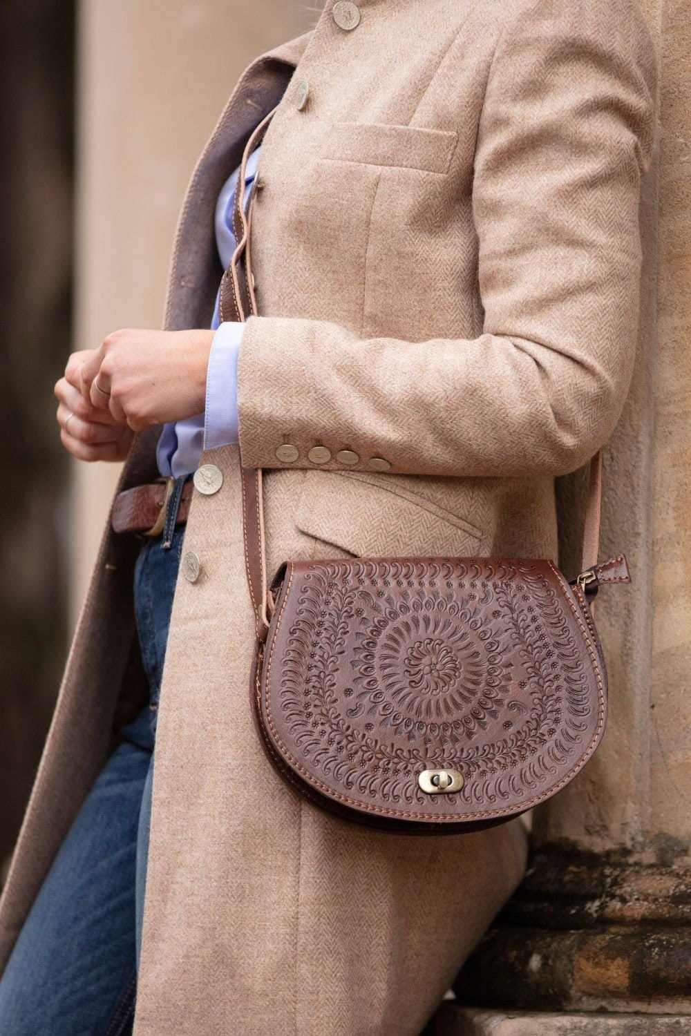 Berber Leather Berber Leather Women's 'The Temara' Embossed Leather Saddle Bag in Dark Brown - 4