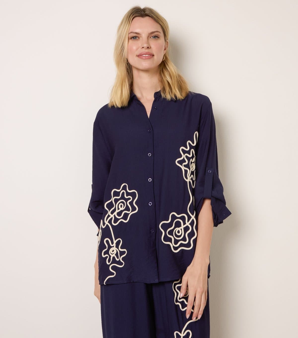 Blue Vanilla Women's Navy Floral Embroidered Shirt Blue Vanilla New Look