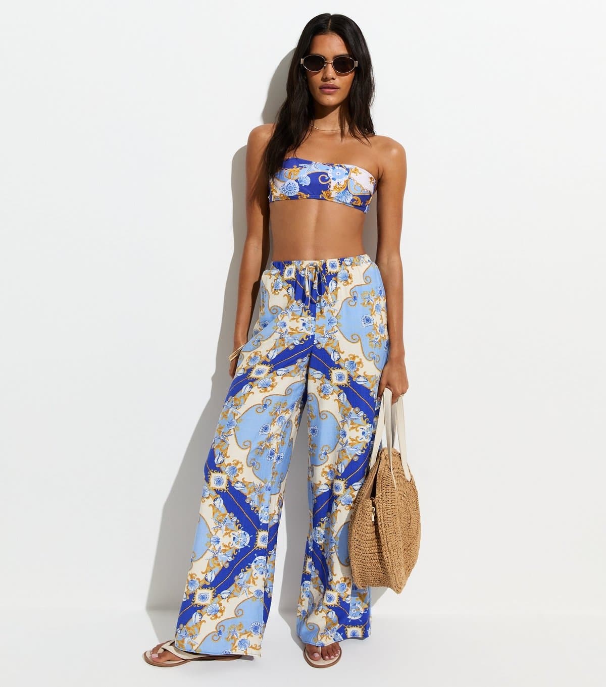 New Look Women's Blue Treasure Print Beach Wide Leg Trousers New Look