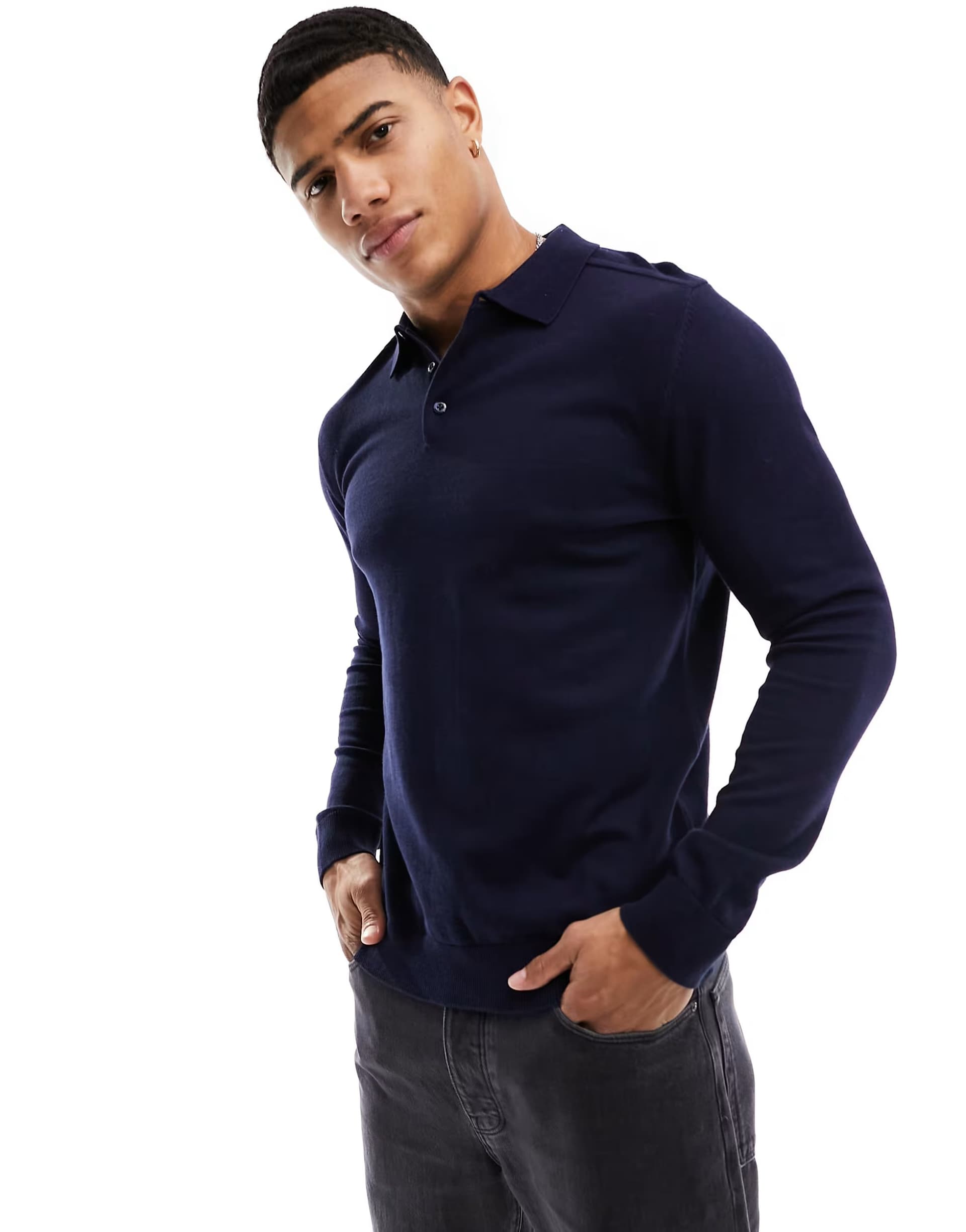 ASOS Selected knitted long sleeve polo in navy