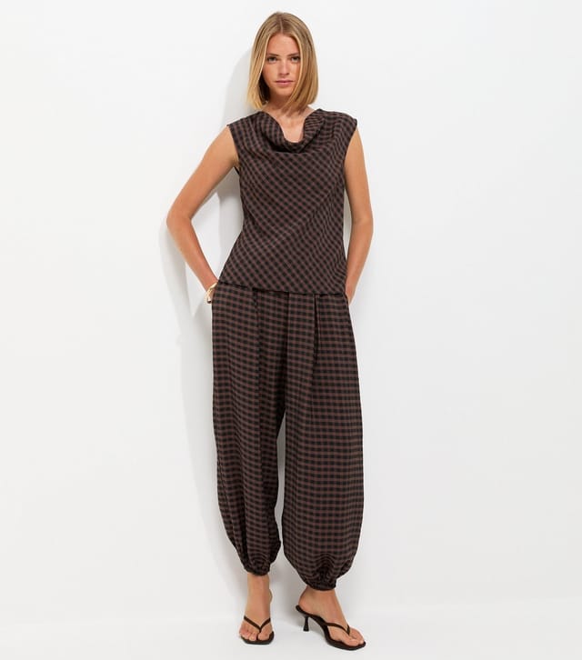 New Look Women's Brown Gingham Print Wide Leg Cuffed Trousers New Look - 3