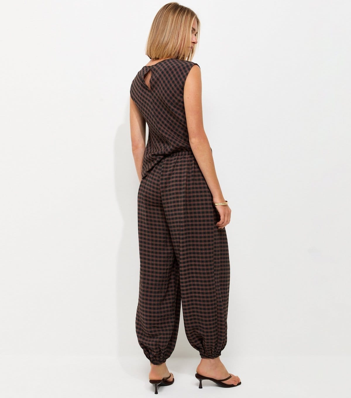 New Look Women's Brown Gingham Print Wide Leg Cuffed Trousers New Look - 4