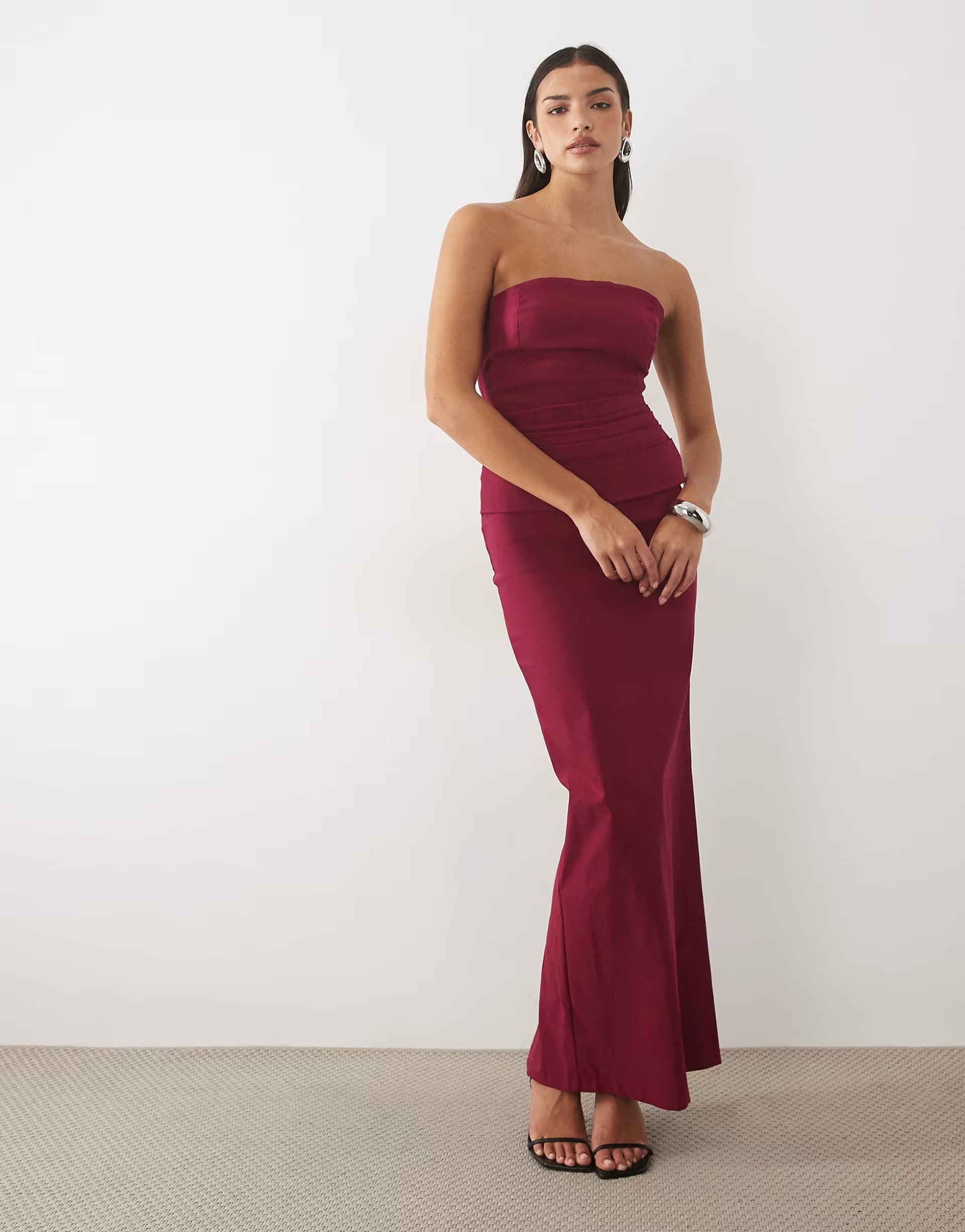 ASOS Vesper bengaline bandeau ruched waist detail maxi dress in berry