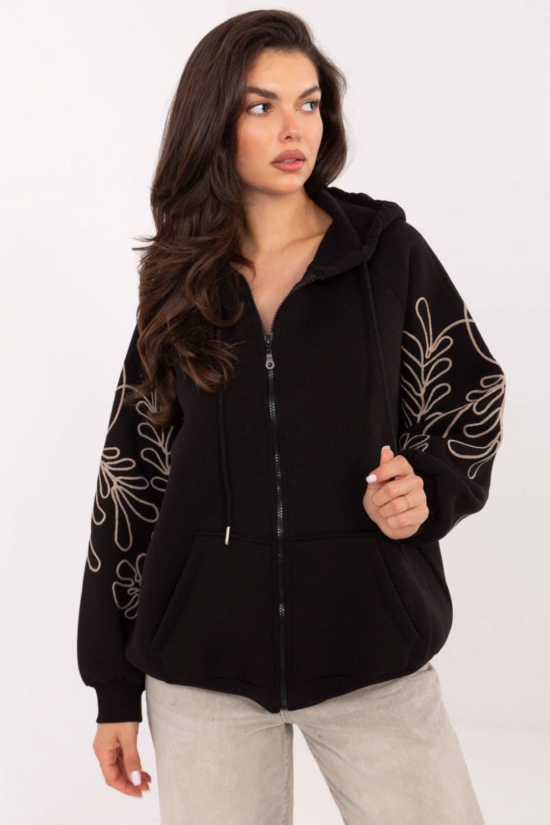 Love Lace Love Lace Women's Cotton Zip Up Hoodie with Embroidered Sleeves in Black