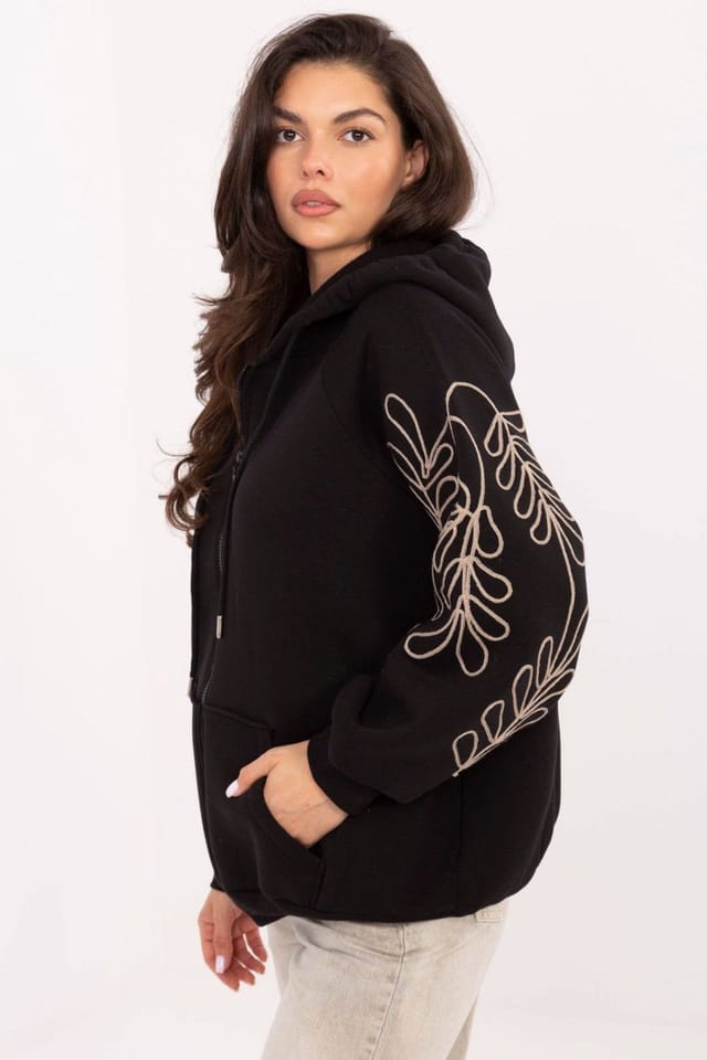 Love Lace Love Lace Women's Cotton Zip Up Hoodie with Embroidered Sleeves in Black - 2