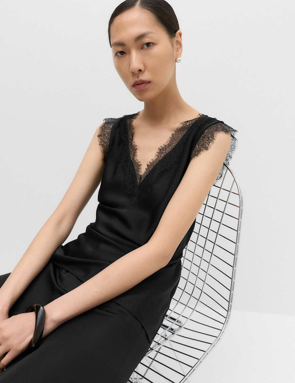 Marks & Spencer M&S Satin V-Neck Lace Insert Cami Top Black
