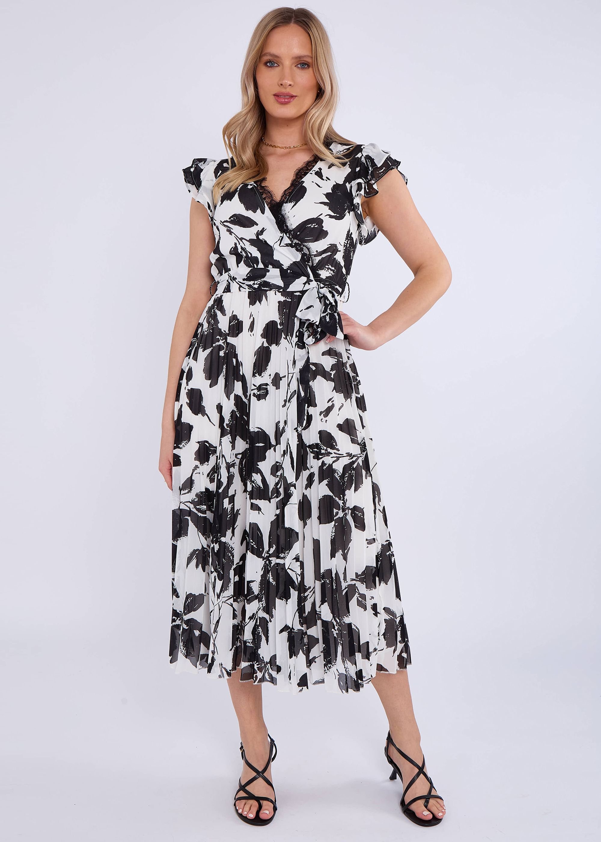 Gini London Gini London Women's Lace Trim Mono Pleated Wrap Midi Dress in Black - 1