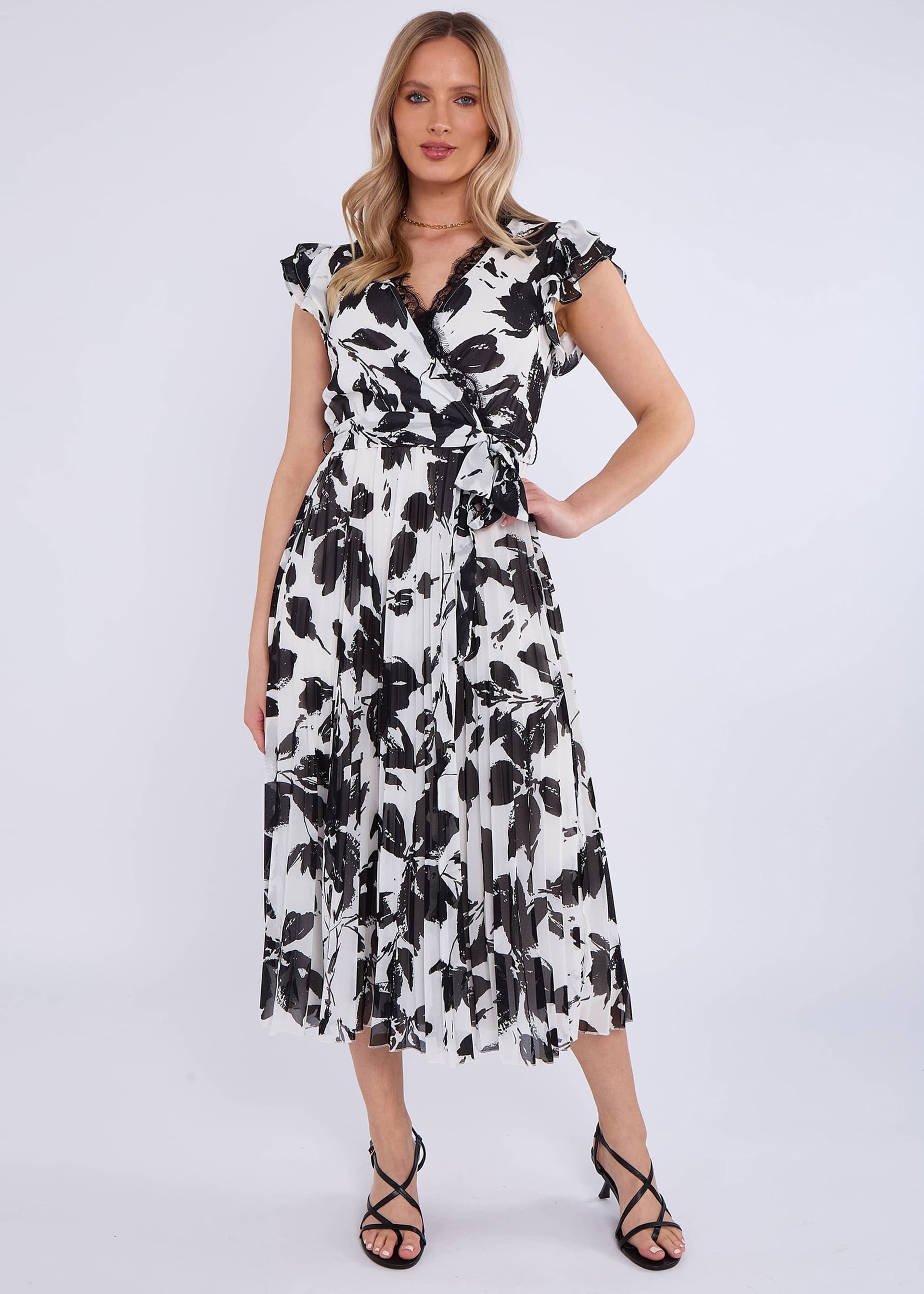 Gini London Gini London Women's Lace Trim Mono Pleated Wrap Midi Dress in Black