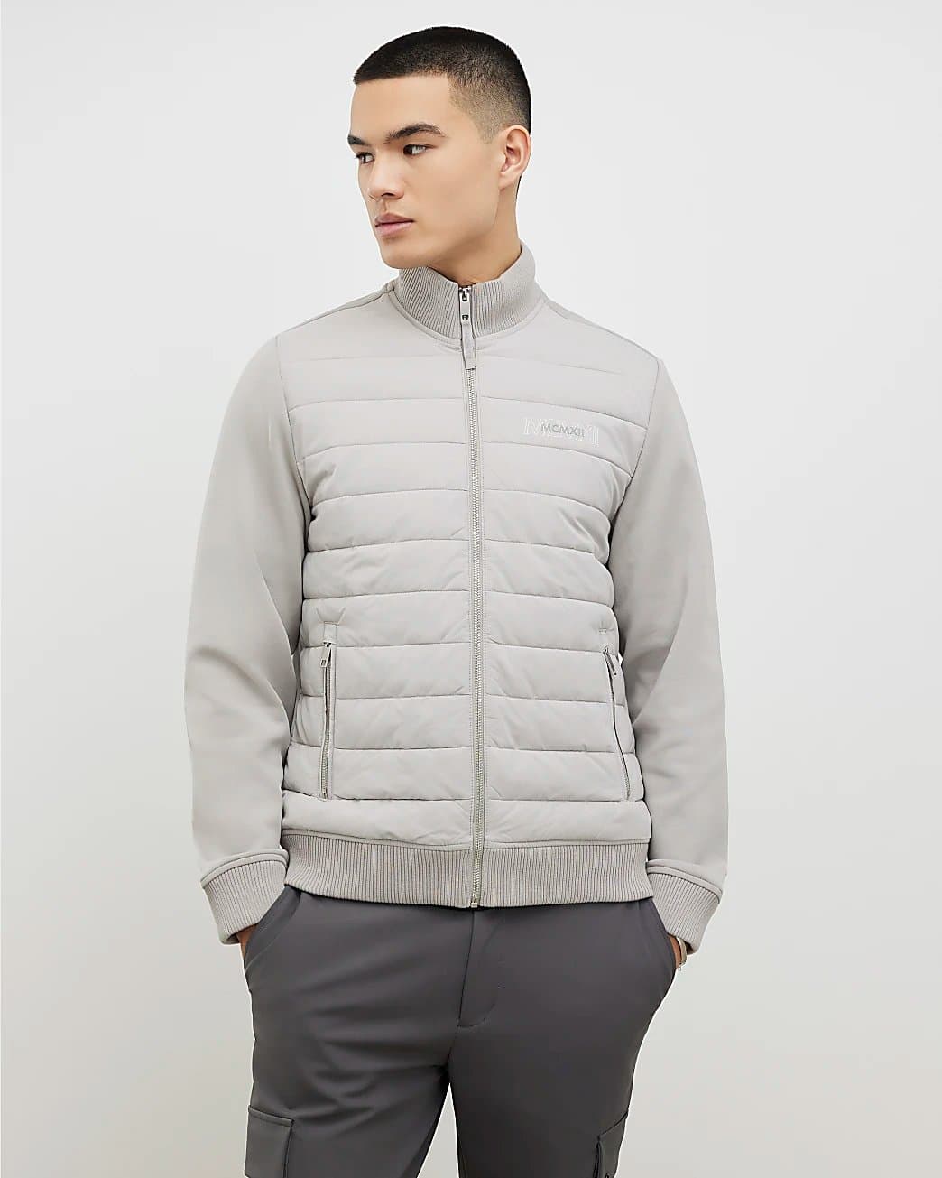 River Island Mens River Island Grey Jersey Sleeve Funnel Jacket