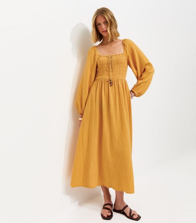 New Look Women's Dark Yellow Cotton Shirred Milkmaid Midi Dress New Look - 2