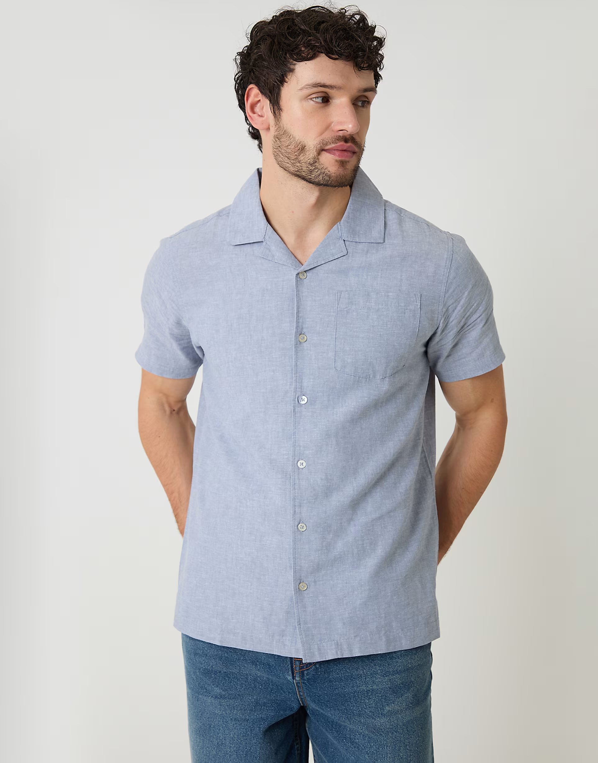 ASOS Threadbare Linen cotton blend short sleeve shirt in blue - 1