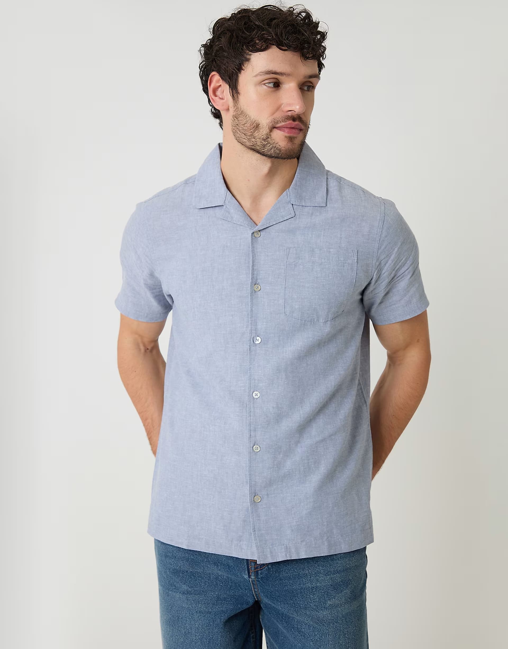 ASOS Threadbare Linen cotton blend short sleeve shirt in blue