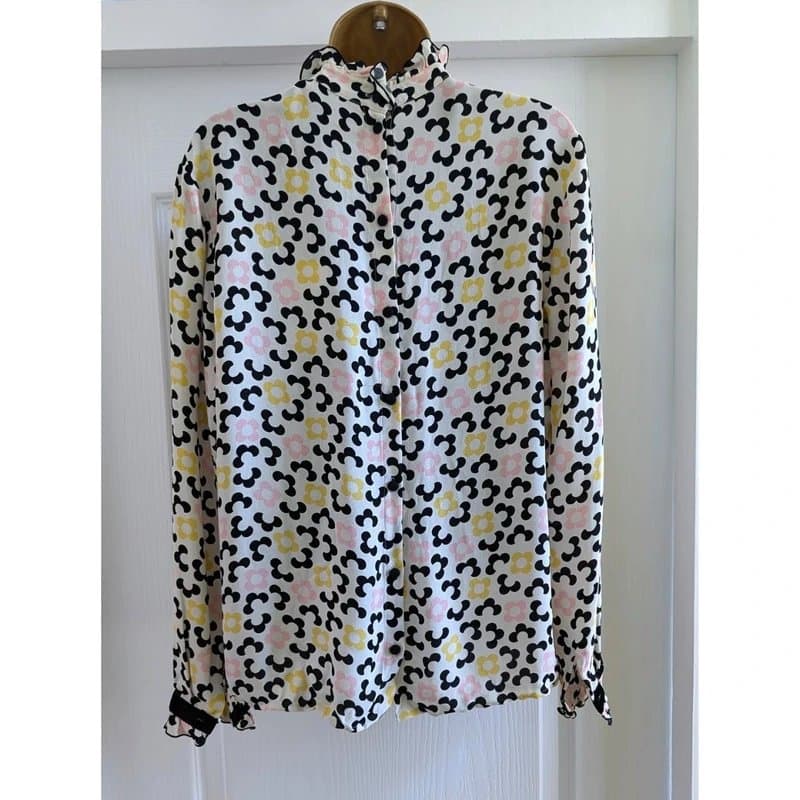 Orla Kiely Orla Kiely Multicolour Confetti Flower Frill Blouse Velvet Trims Size 8