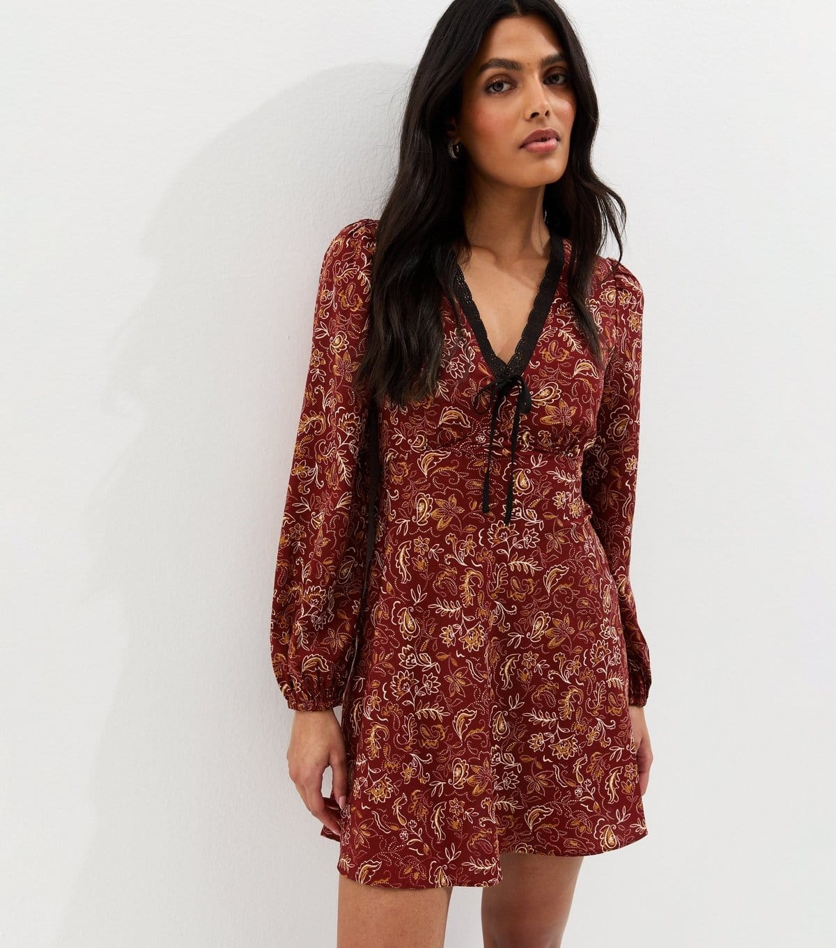 New Look Red Paisley Print Long Sleeve Mini Dress