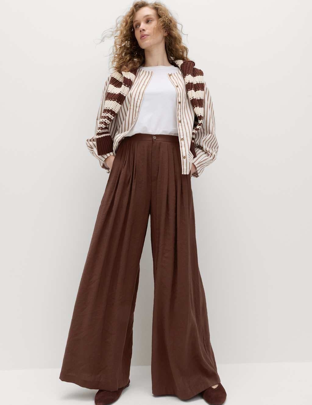 Marks & Spencer M&S Pleat Front Palazzo Trousers Bitter Chocolate