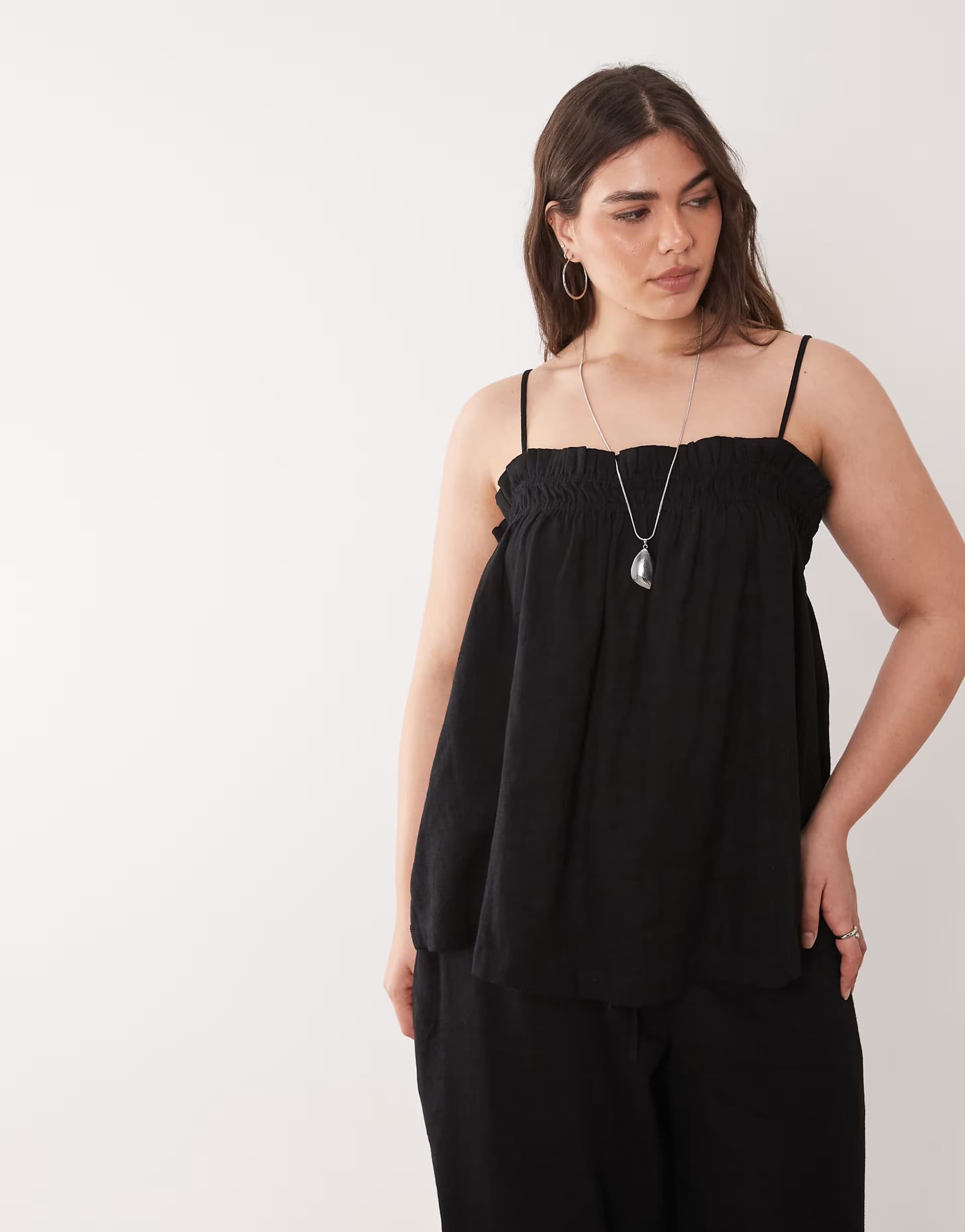 ASOS Nobody's Child Plus ruched detail linen rich cami top co-ord in black