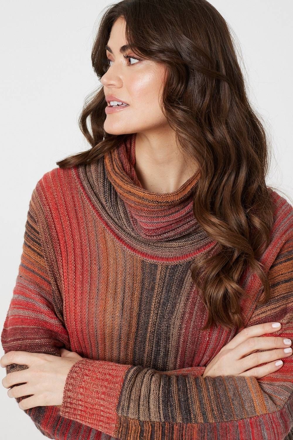 Izabel London Izabel London Women's Striped Oversized Frill Roll Neck Jumper in Orange - 4