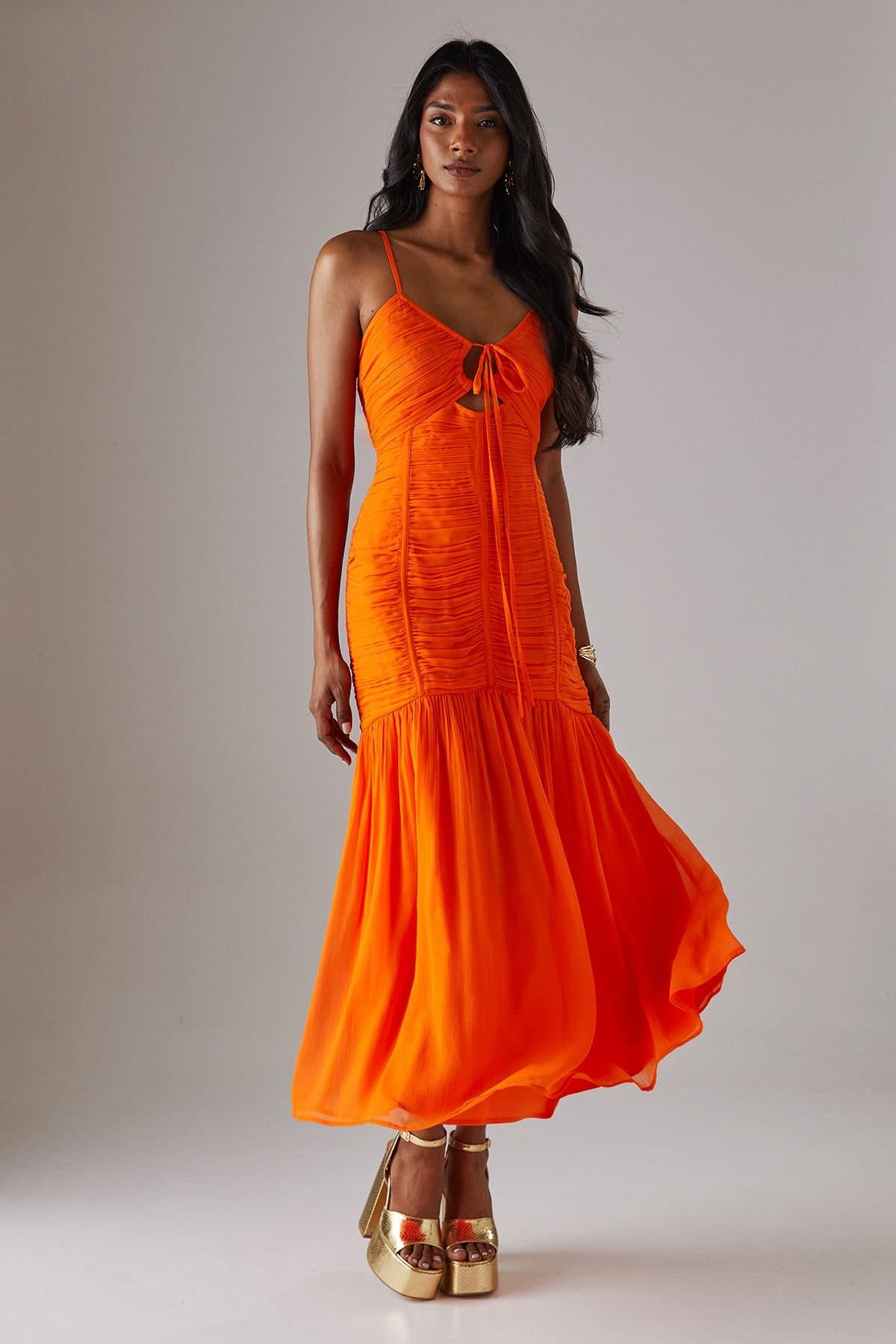 Warehouse Warehouse Orange Chiffon Midi Dress with Channel Straps