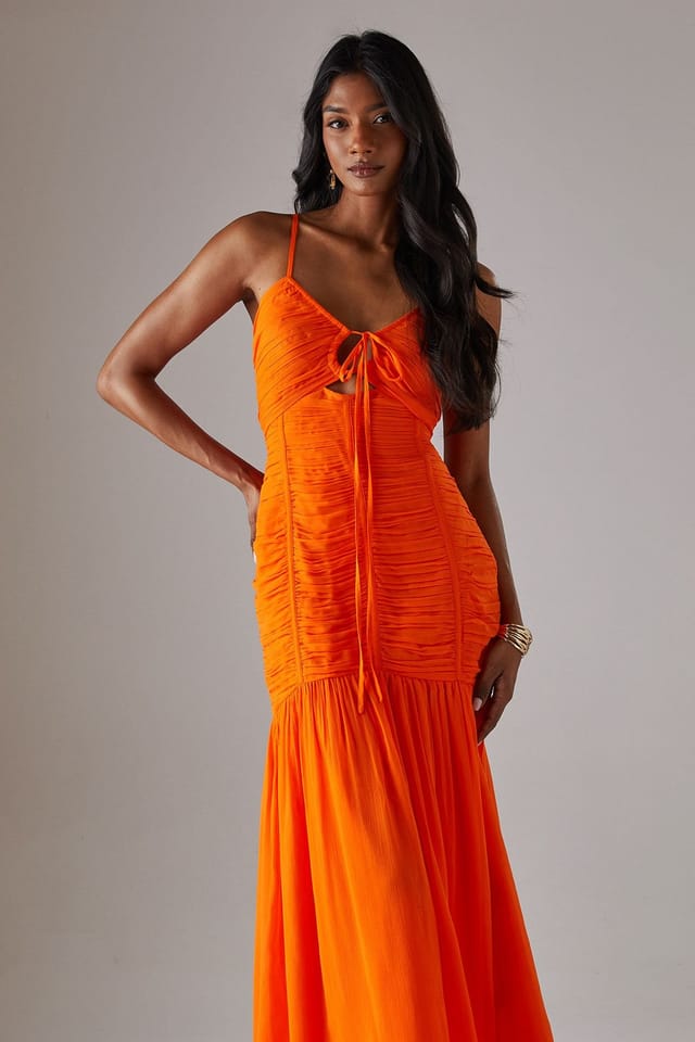 Warehouse Warehouse Women's Chiffon Gathered Channel Strappy Midi Dress in Orange - 2