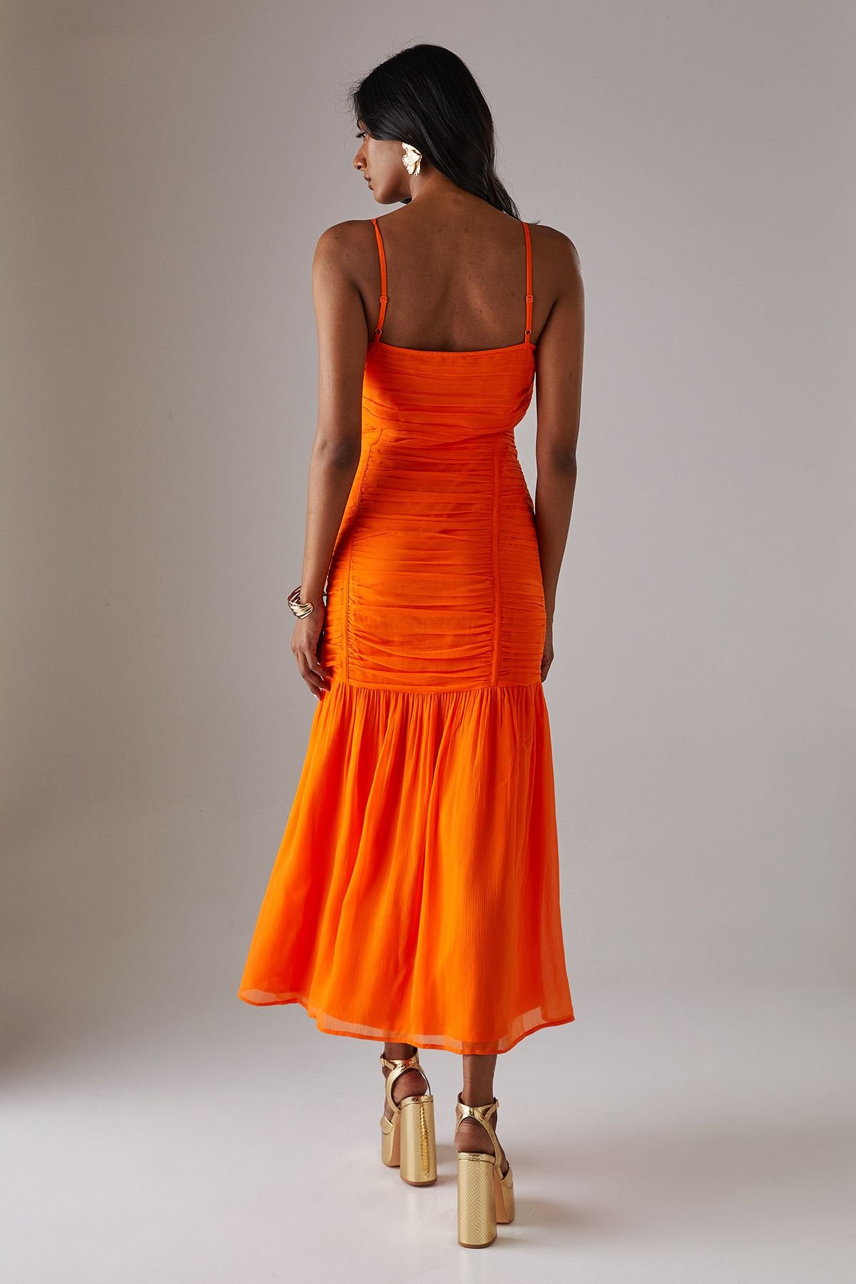 Warehouse Warehouse Women's Chiffon Gathered Channel Strappy Midi Dress in Orange - 3