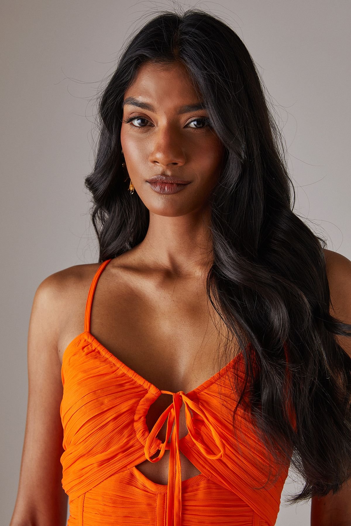 Warehouse Warehouse Women's Chiffon Gathered Channel Strappy Midi Dress in Orange - 4