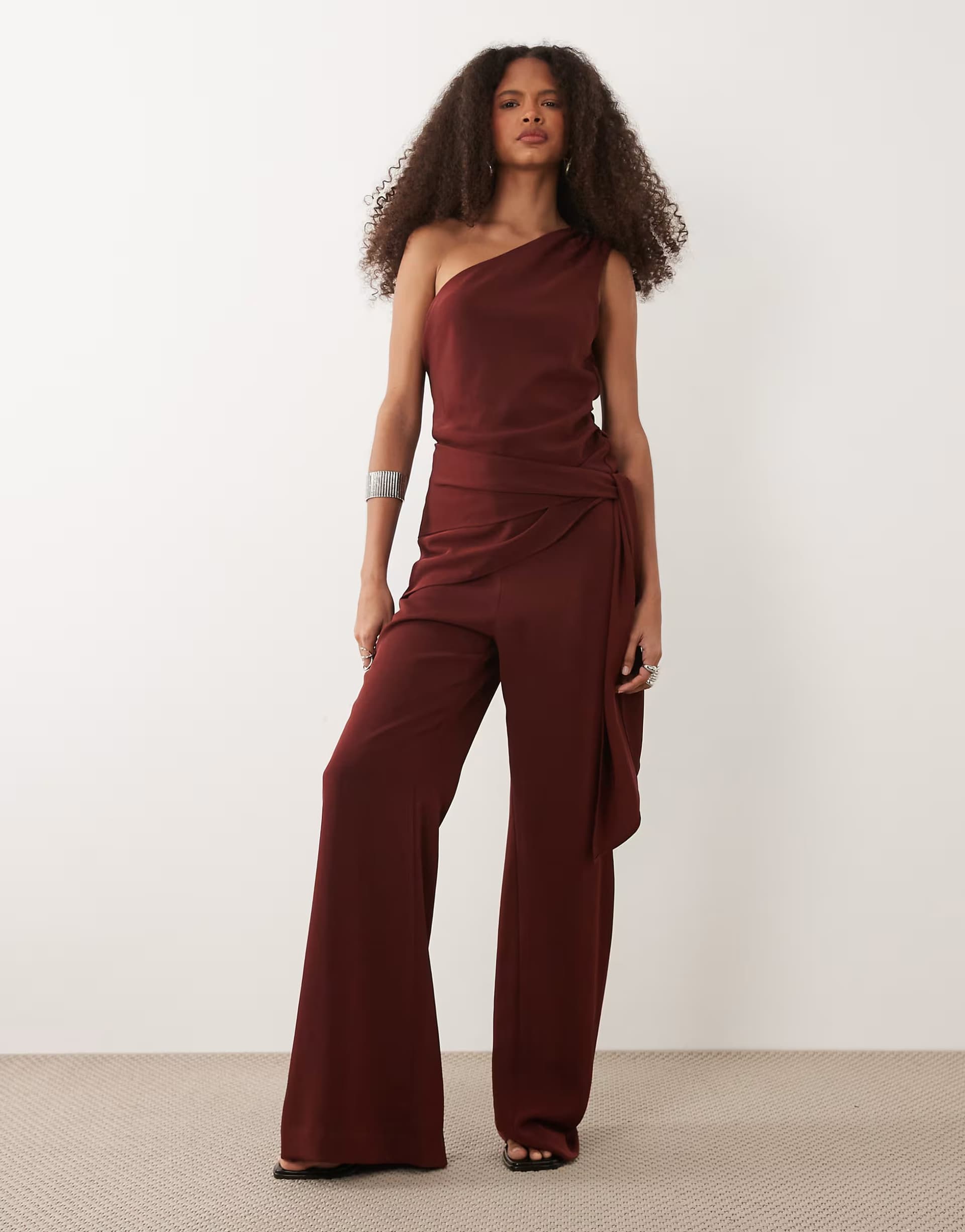 ASOS Mango one shoulder tie waist jumpsuit in deep red