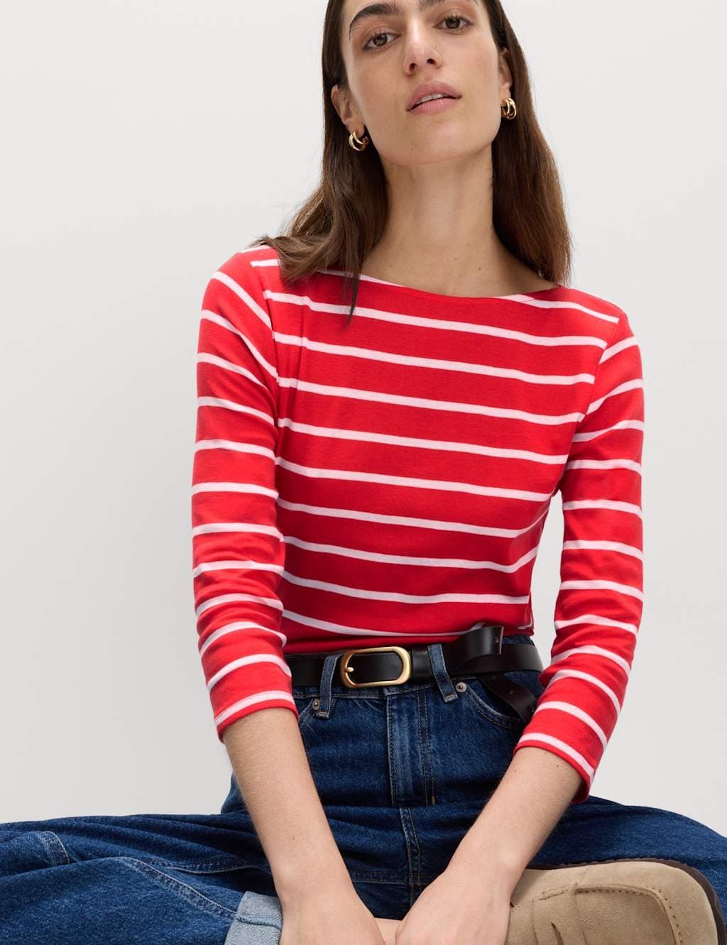 Marks & Spencer M&S Pure Cotton Striped Slash Neck Slim Fit Top Red Mix