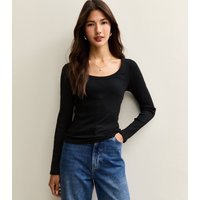 New Look Women's Black Scoop Neck Long Sleeve Ribbed Top New Look - 1
