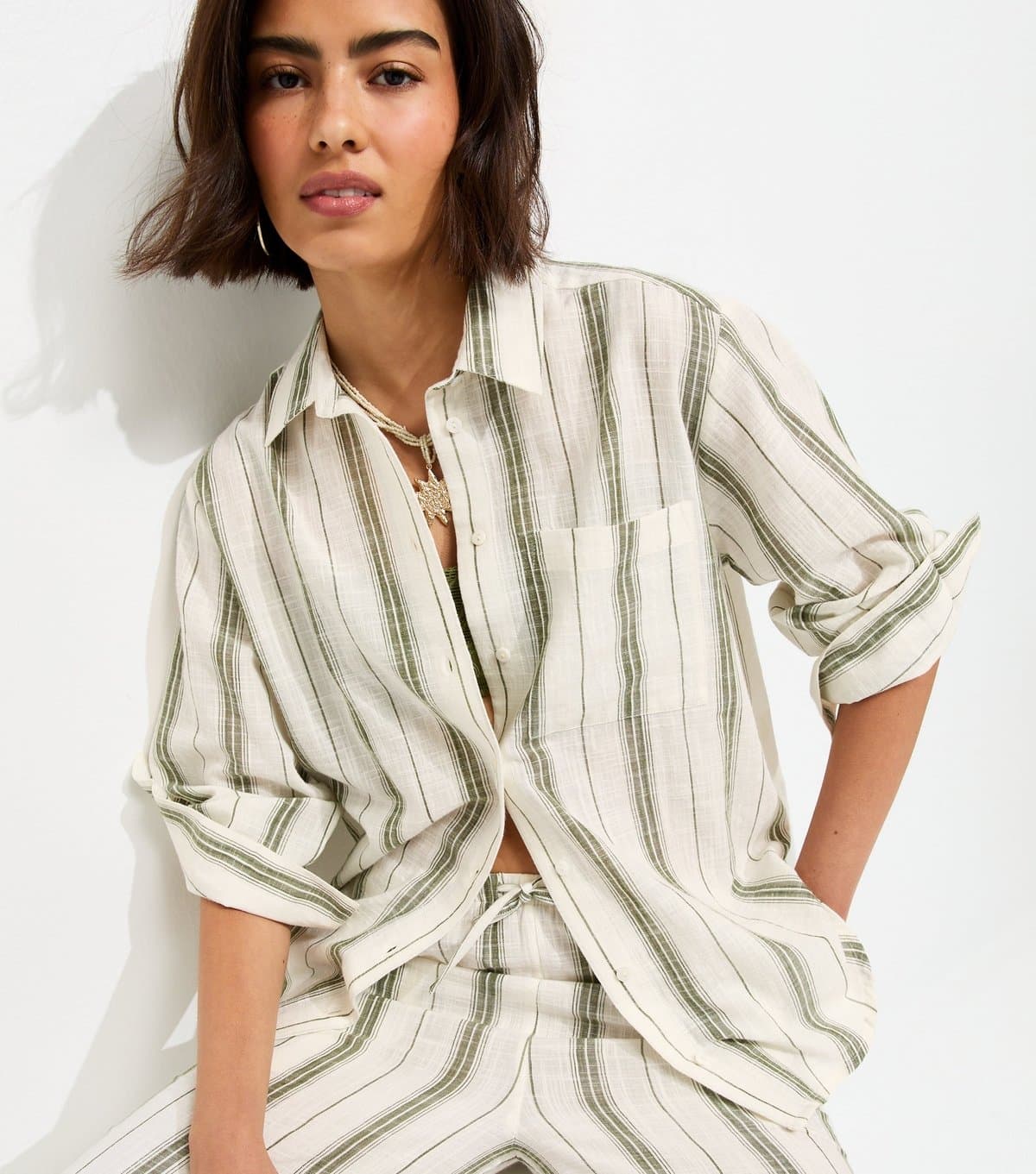New Look Women's Green Cotton Striped Oversize Shirt New Look