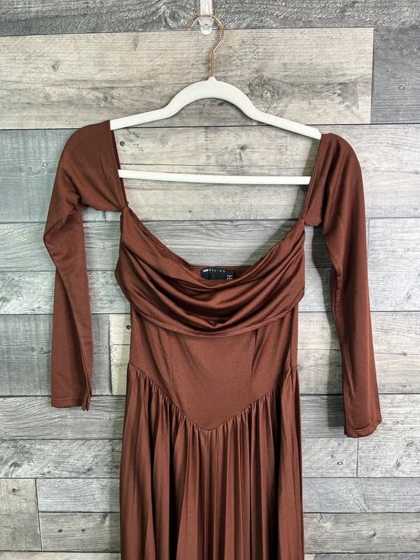 ASOS ASOS Design Midi Dress Size UK 8 Brown Bardot Off The Shoulder Long Sleeves