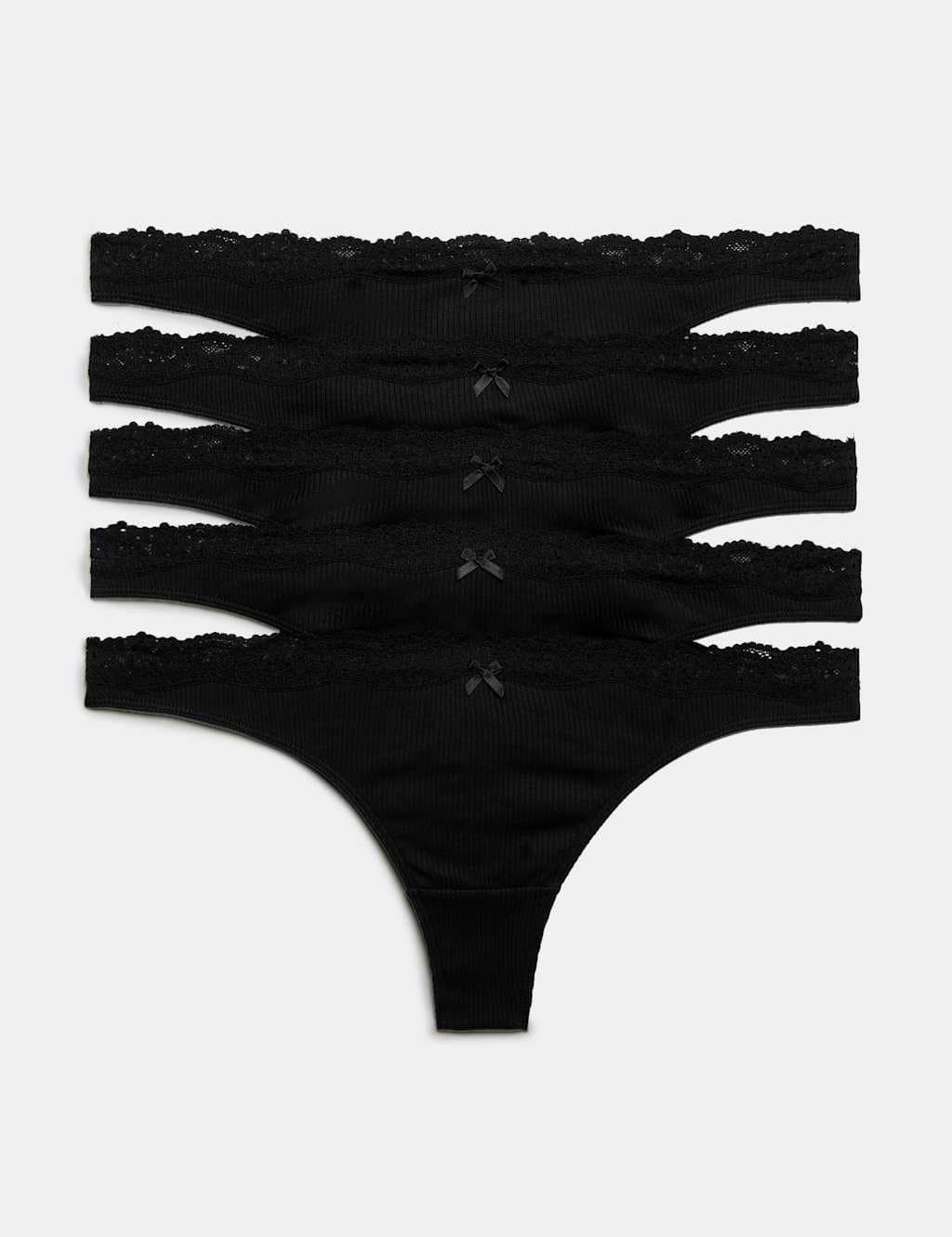 Marks & Spencer M&S 5 Pack Cotton Rich Ribbed Thongs Black