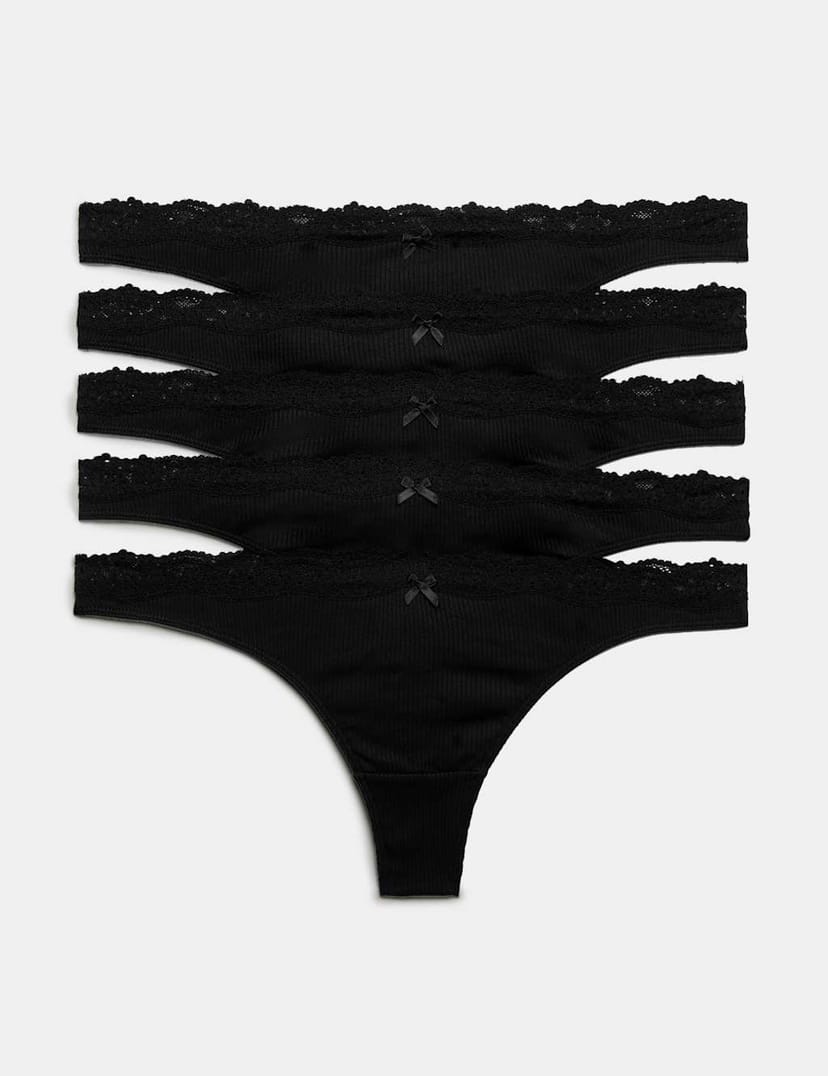 Marks & Spencer M&S 5 Pack Cotton Rich Ribbed Thongs Black - 1