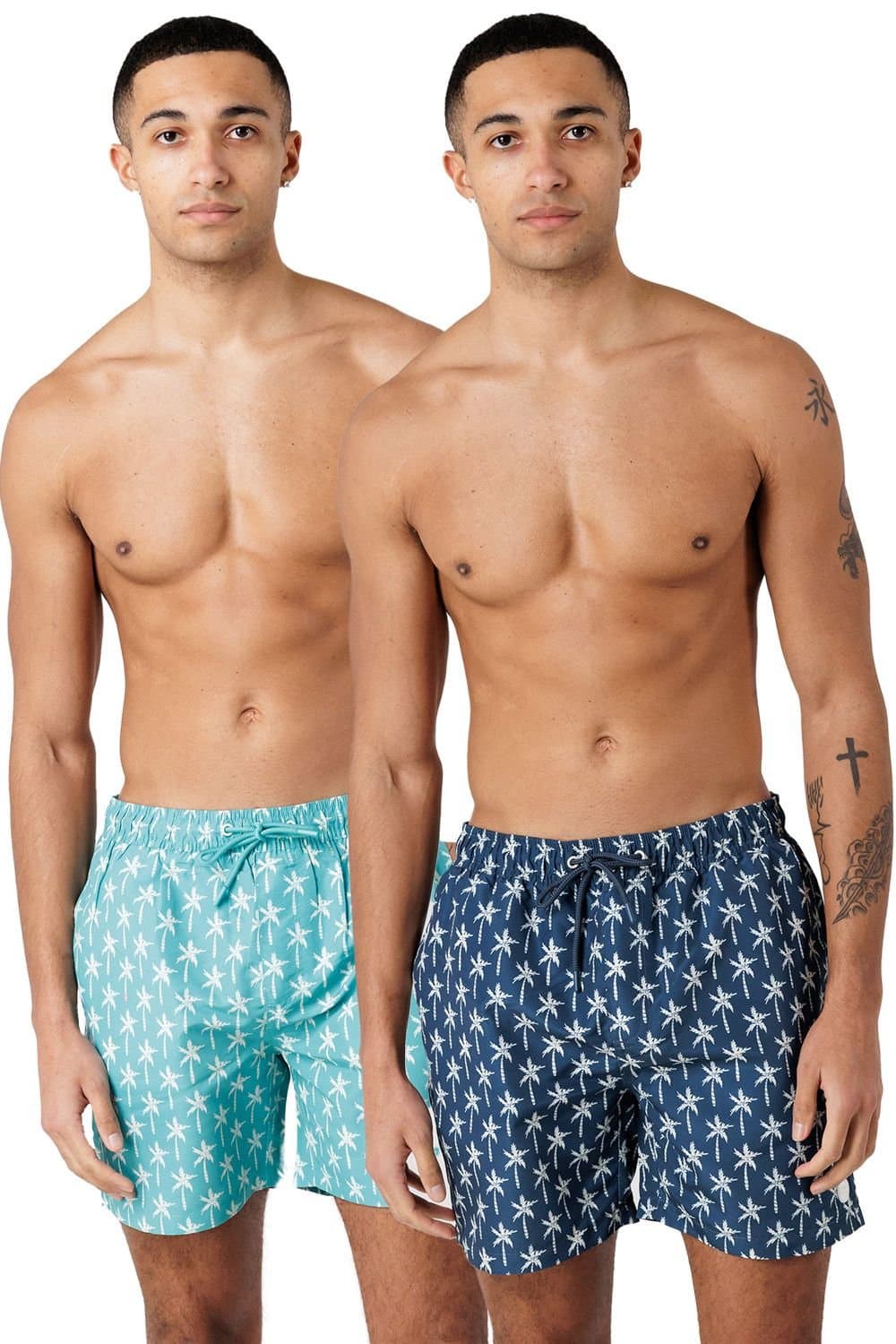 Tokyo Laundry Tokyo Laundry Men's 2-Pack Palm Tree & Logo Print Swim Shorts with Drawstring Waist in Teal